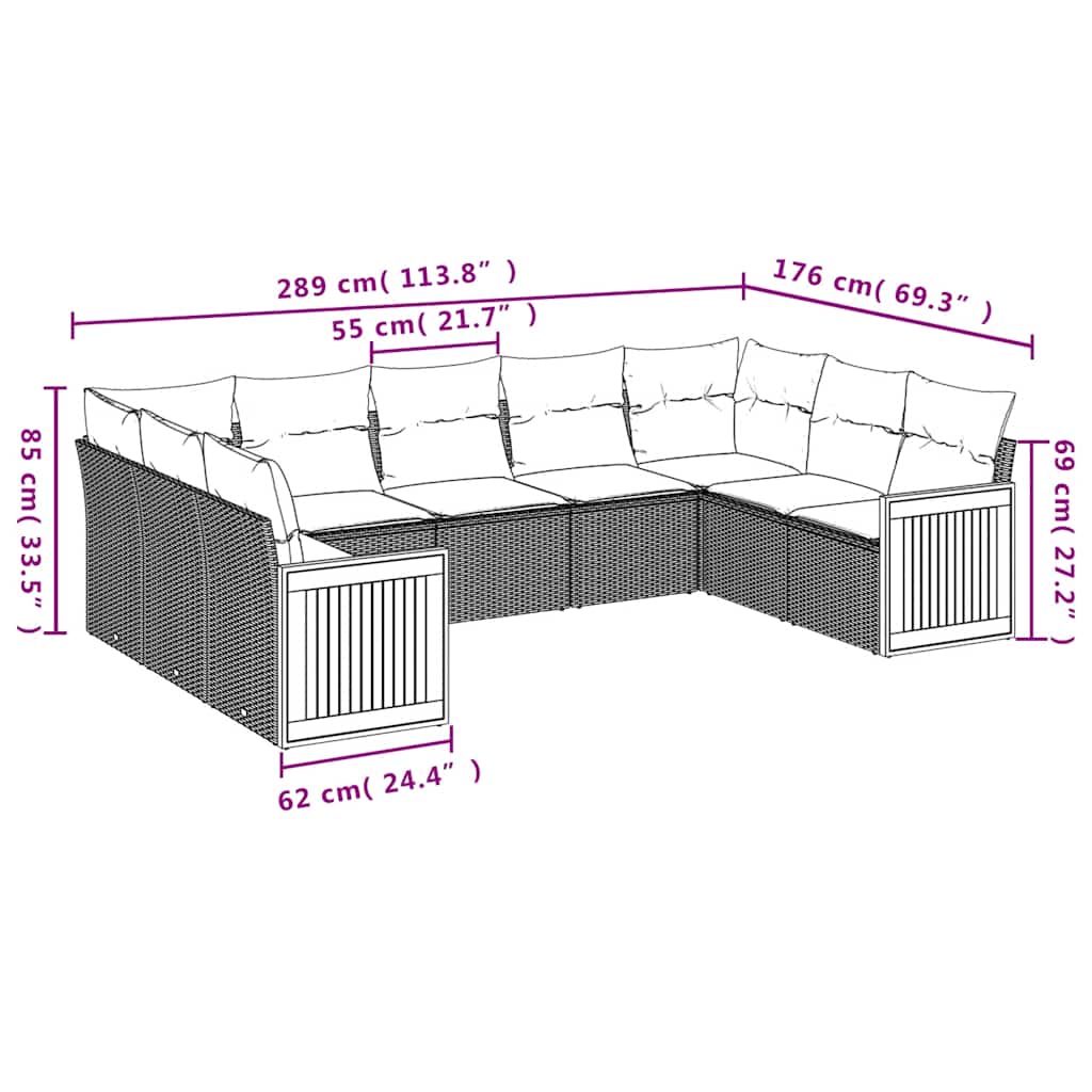 9-delige Loungeset met kussens poly rattan zwart