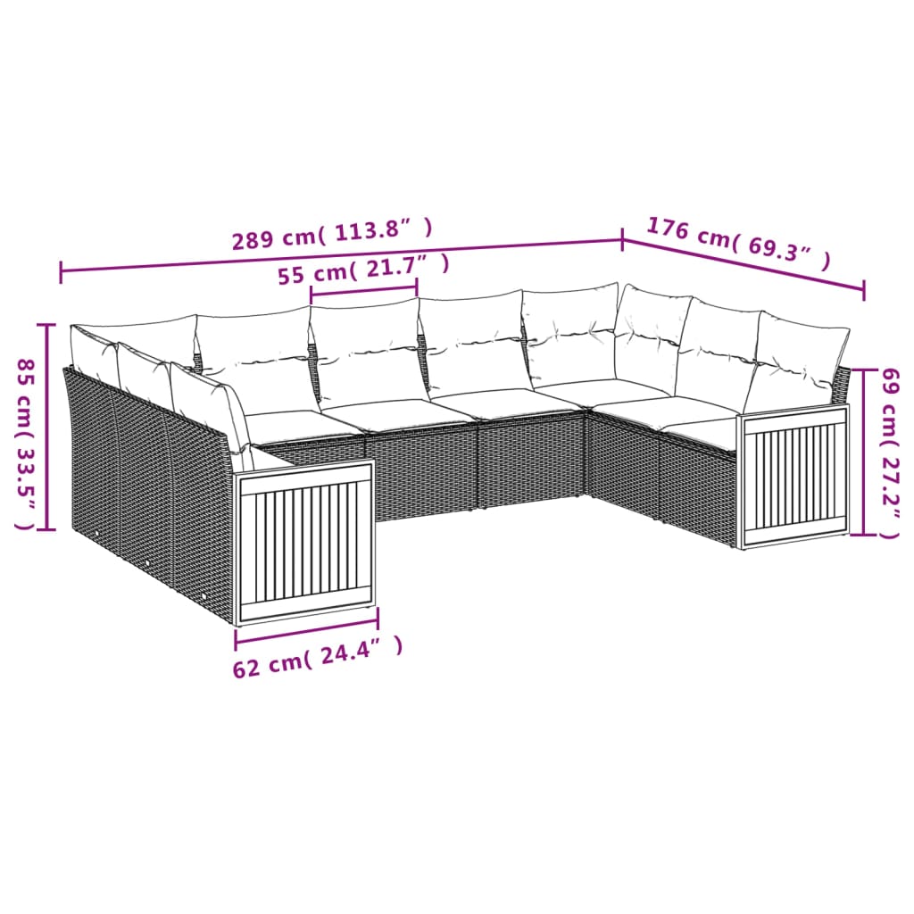 9-delige tuinbankset met kussens, grijs polyrotan is nu te koop bij PeponiXL, paradijselijk wonen!