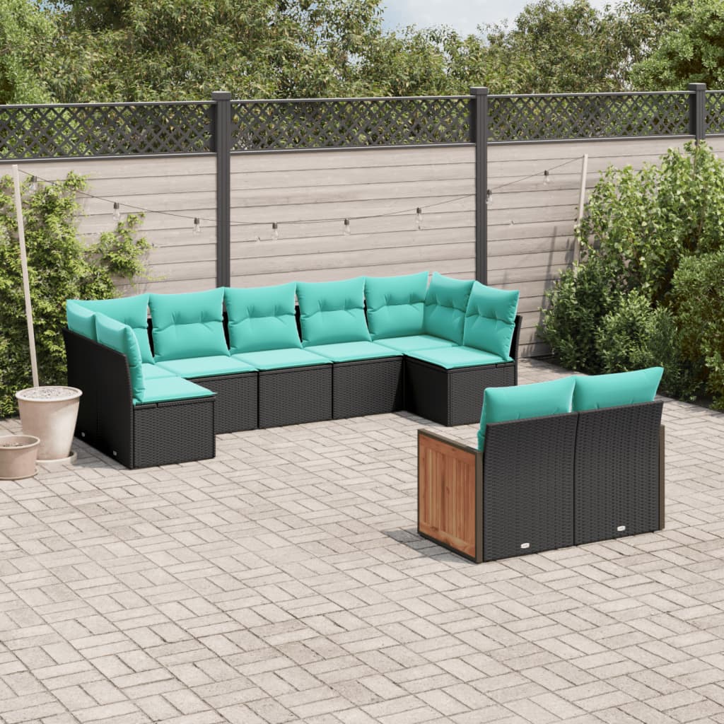 9-delige tuinbankset met kussens van zwart polyrotan is nu te koop bij PeponiXL, paradijselijk wonen!