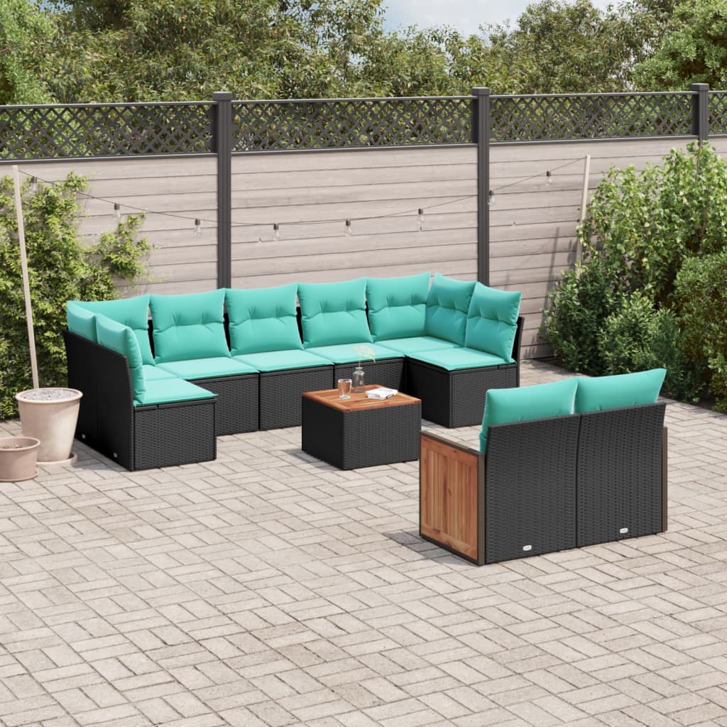 10-delige tuinbankset met kussens van zwart polyrotan is nu te koop bij PeponiXL, paradijselijk wonen!
