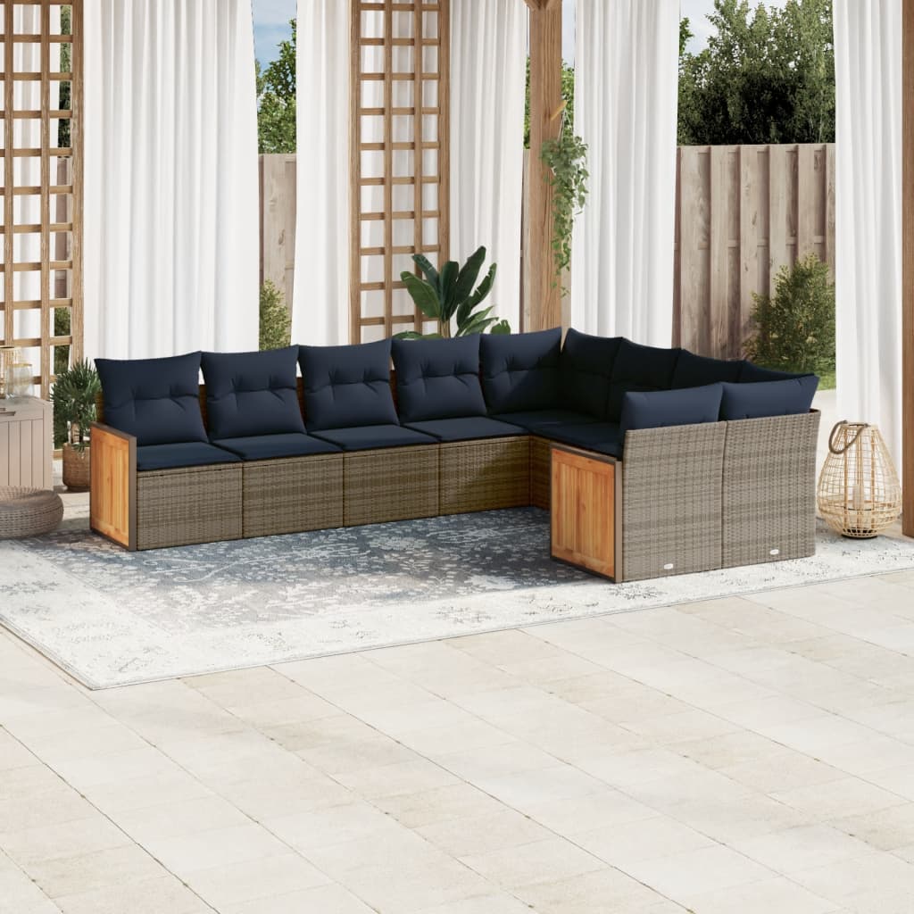9-delige tuinbankset met kussens, grijs polyrotan is nu te koop bij PeponiXL, paradijselijk wonen!