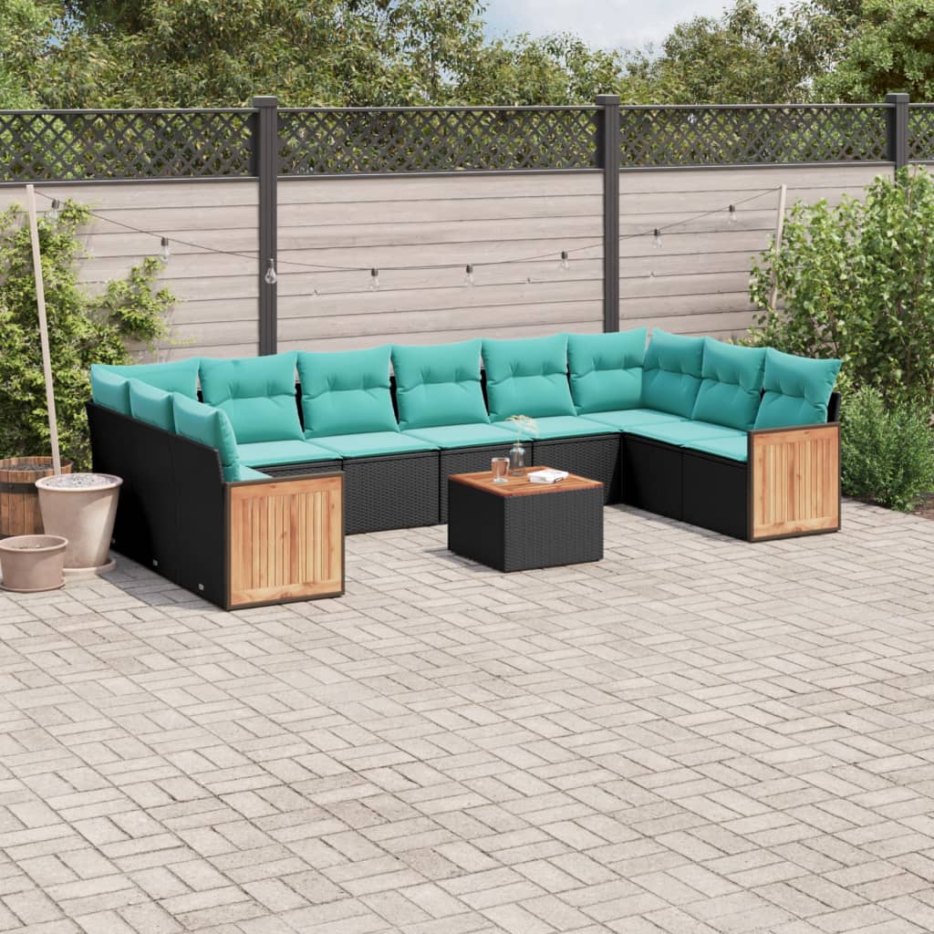 11-delige tuinbankset met kussens, zwart polyrotan is nu te koop bij PeponiXL, paradijselijk wonen!