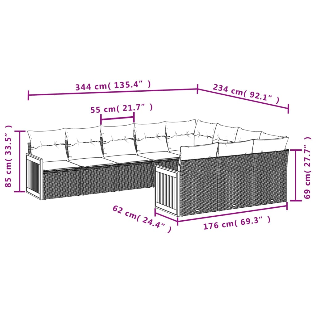 10-delige tuinbankset met kussens, grijs polyrotan is nu te koop bij PeponiXL, paradijselijk wonen!