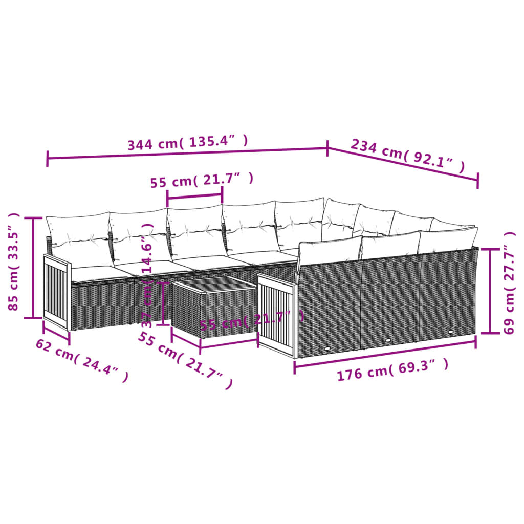 11-delige tuinbankset met kussens, zwart polyrotan is nu te koop bij PeponiXL, paradijselijk wonen!