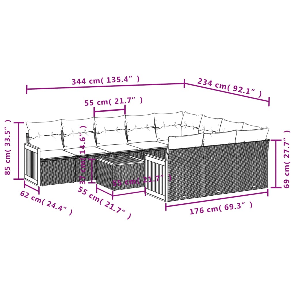 11-delige tuinbankset met kussens, grijs polyrotan is nu te koop bij PeponiXL, paradijselijk wonen!