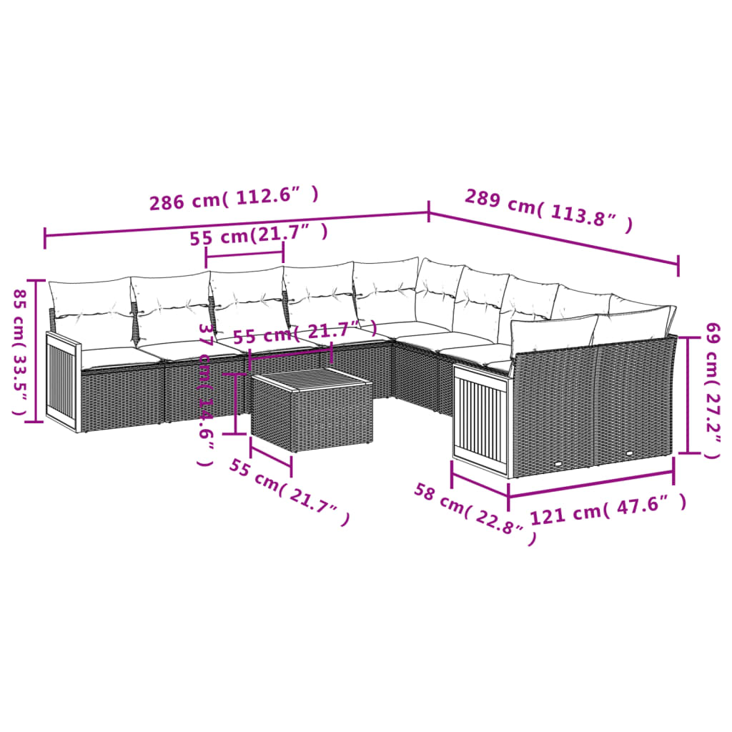 11-delige tuinbankset met kussens, zwart polyrotan is nu te koop bij PeponiXL, paradijselijk wonen!