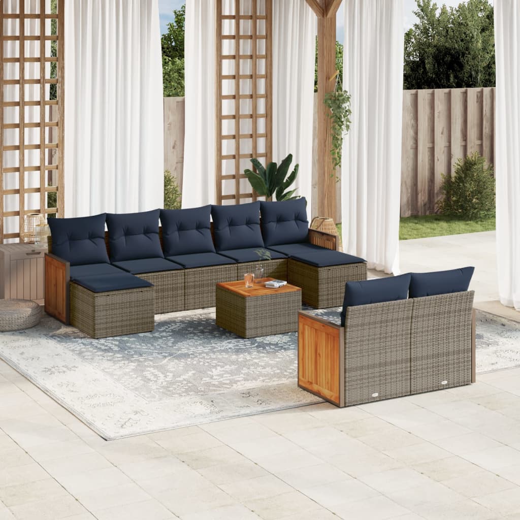 10-delige tuinbankset met kussens, grijs polyrotan is nu te koop bij PeponiXL, paradijselijk wonen!