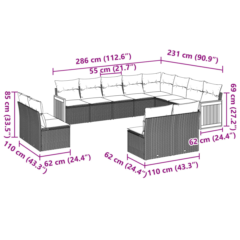 12-delige Loungeset met kussens poly rattan grijs is nu te koop bij PeponiXL, paradijselijk wonen!