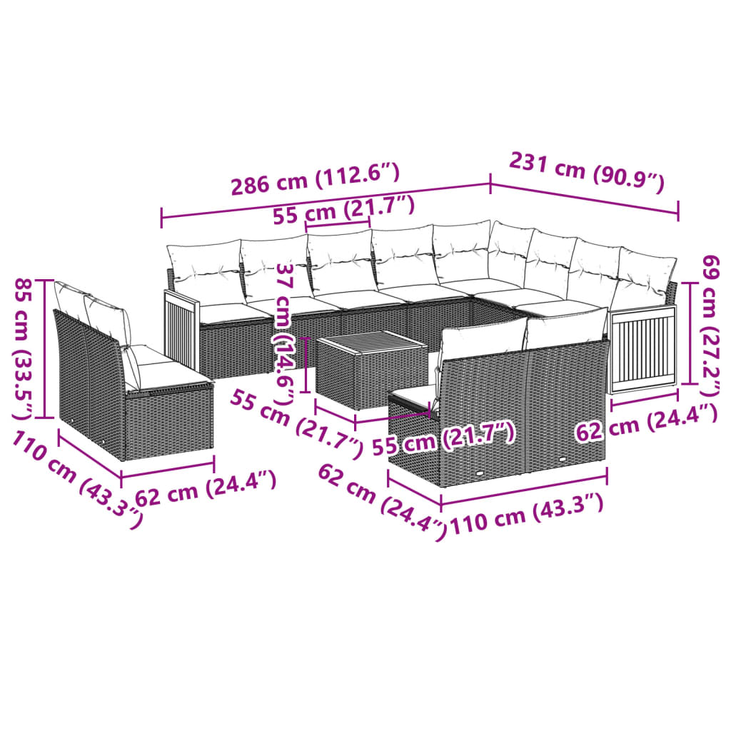 13-delige Loungeset met kussens poly rattan grijs is nu te koop bij PeponiXL, paradijselijk wonen!