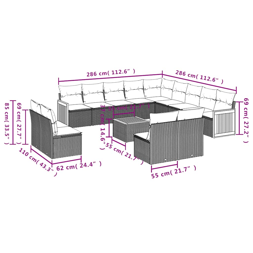 14-delige Loungeset met kussens poly rattan zwart
