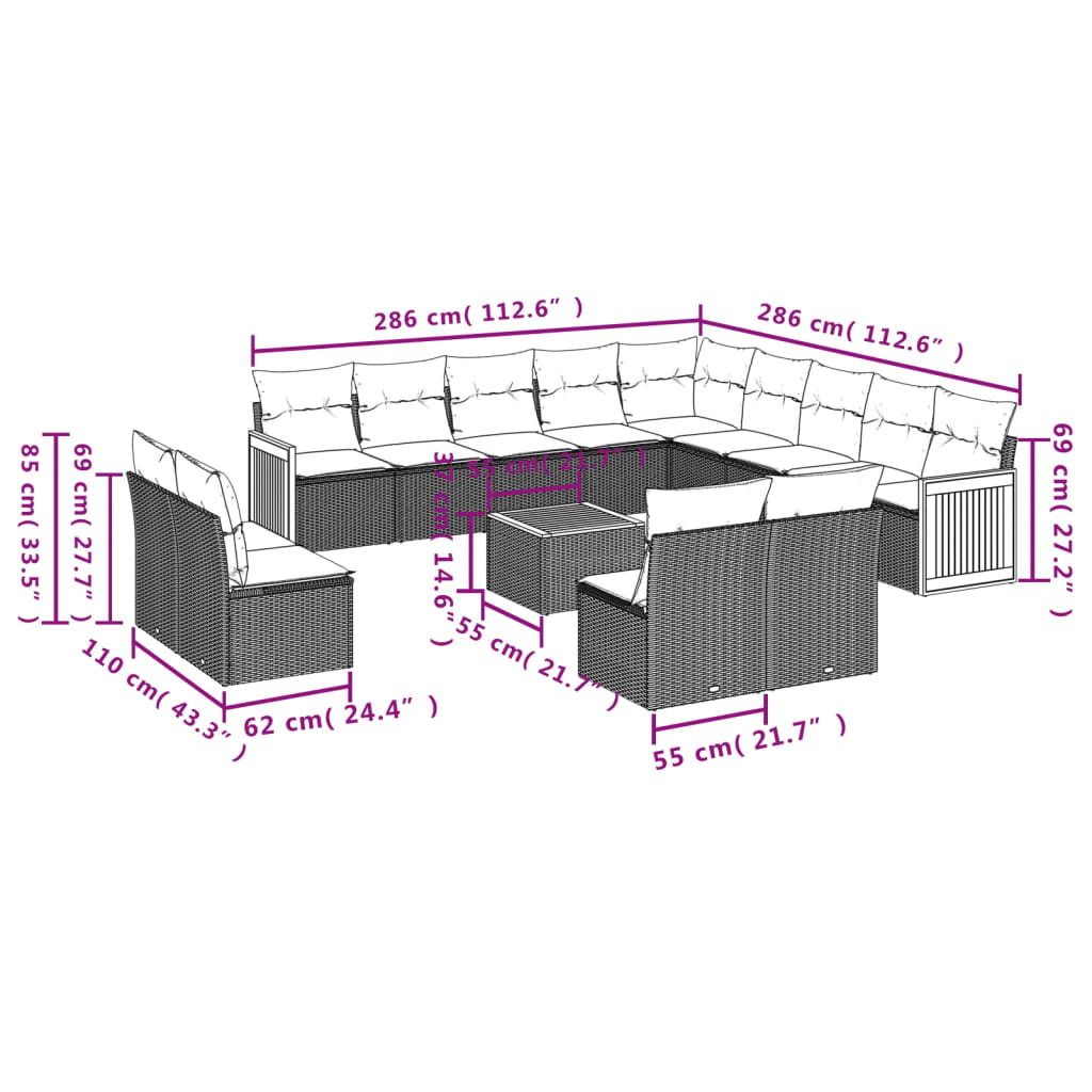 14-delige Loungeset met kussens poly rattan grijs is nu te koop bij PeponiXL, paradijselijk wonen!