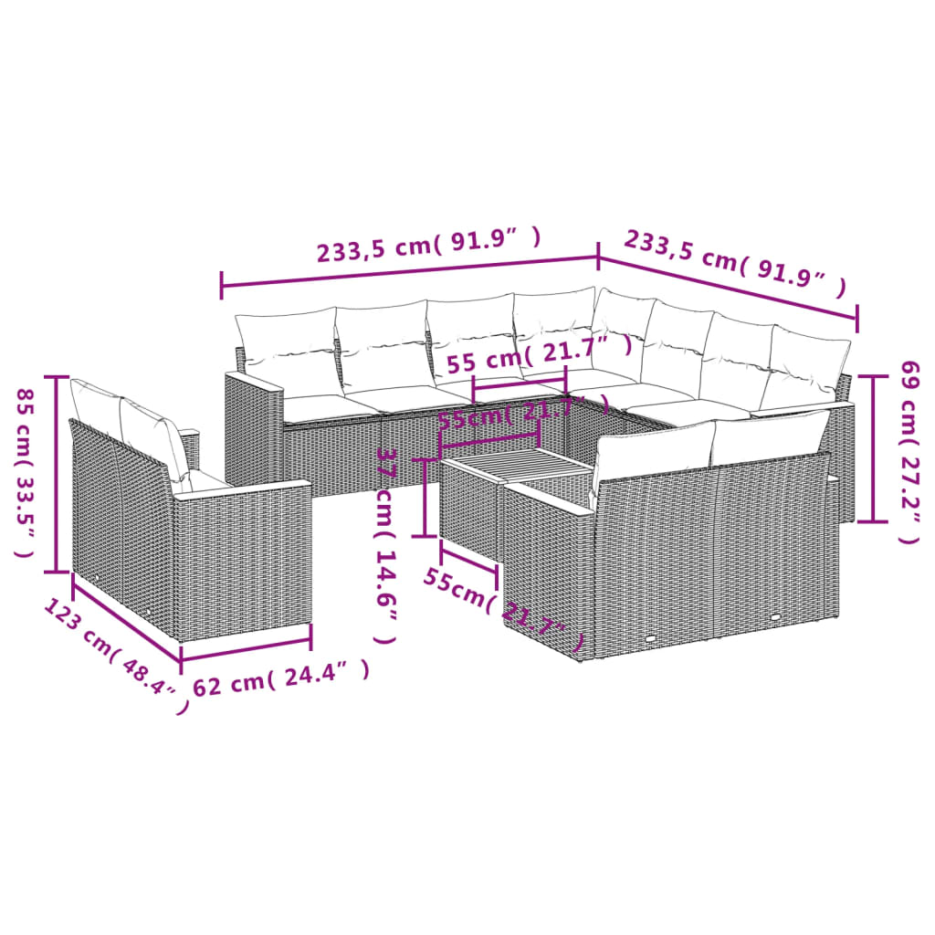 12-delige tuinbankset met kussens van zwart polyrotan is nu te koop bij PeponiXL, paradijselijk wonen!
