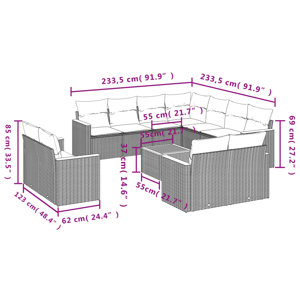 12-delige tuinbankset met kussens, grijs polyrotan is nu te koop bij PeponiXL, paradijselijk wonen!