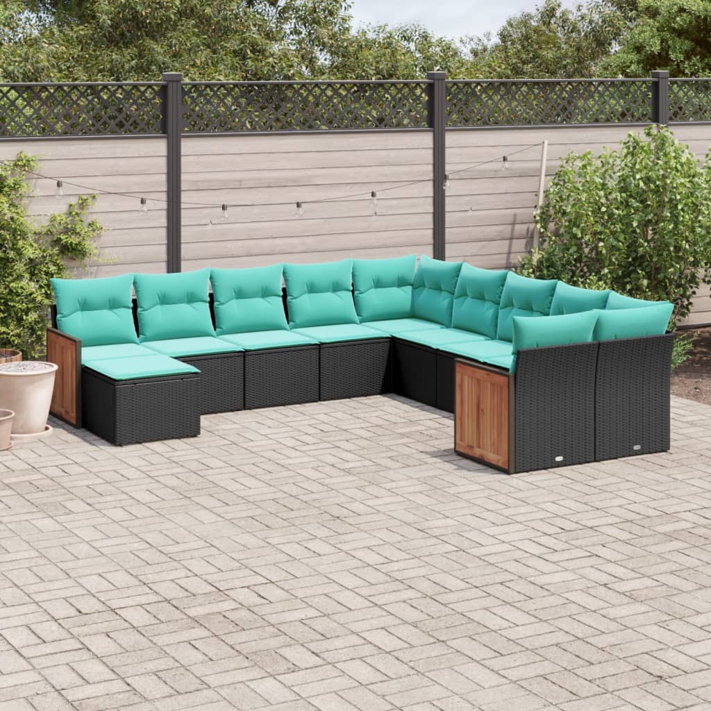 11-delige tuinbankset met kussens, zwart polyrotan is nu te koop bij PeponiXL, paradijselijk wonen!