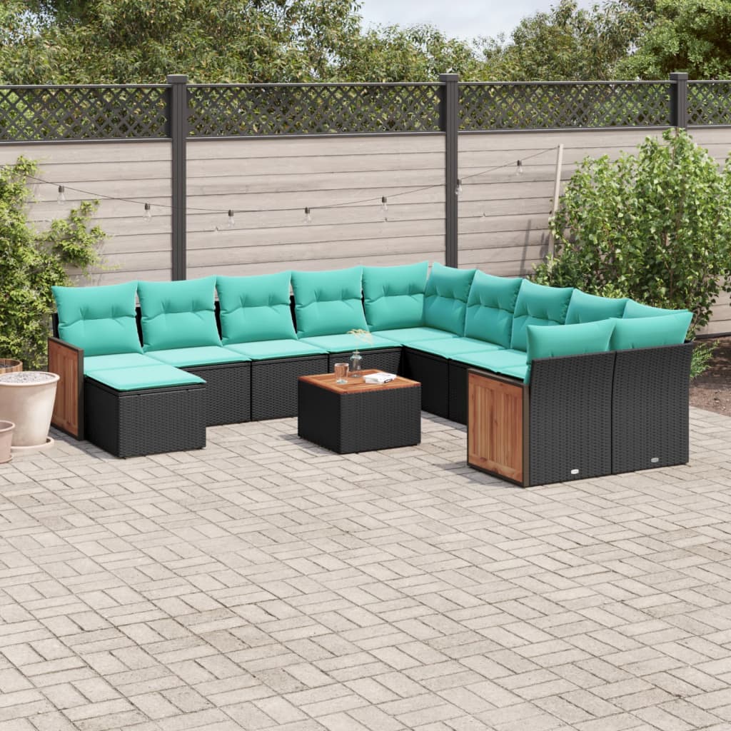 12-delige tuinbankset met kussens van zwart polyrotan is nu te koop bij PeponiXL, paradijselijk wonen!