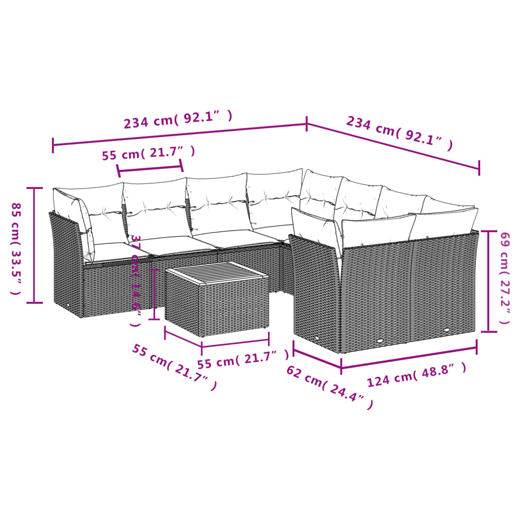 9-delige Loungeset met kussens poly rattan grijs is nu te koop bij PeponiXL, paradijselijk wonen!
