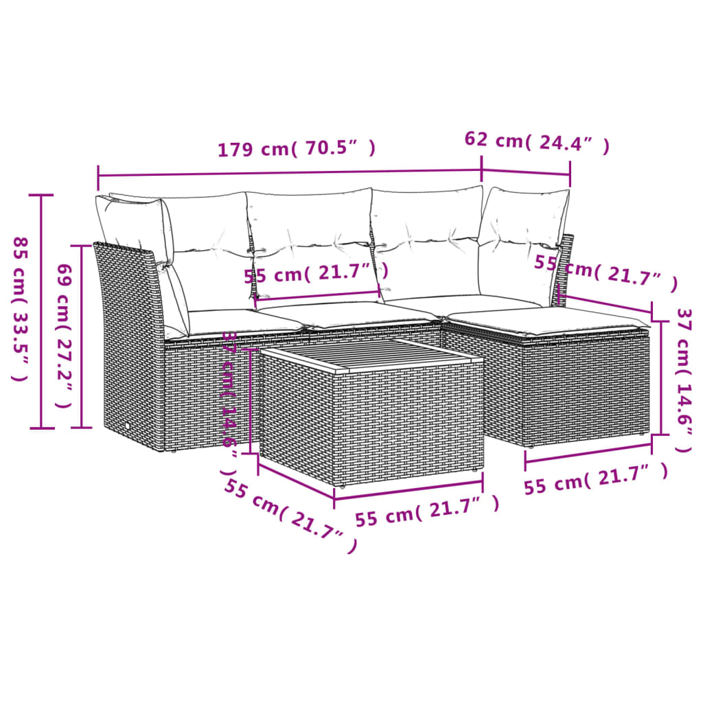 5-delige Loungeset met kussens poly rattan grijs is nu te koop bij PeponiXL, paradijselijk wonen!
