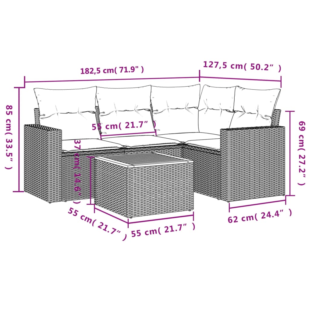 5-delige Loungeset met kussens poly rattan grijs is nu te koop bij PeponiXL, paradijselijk wonen!