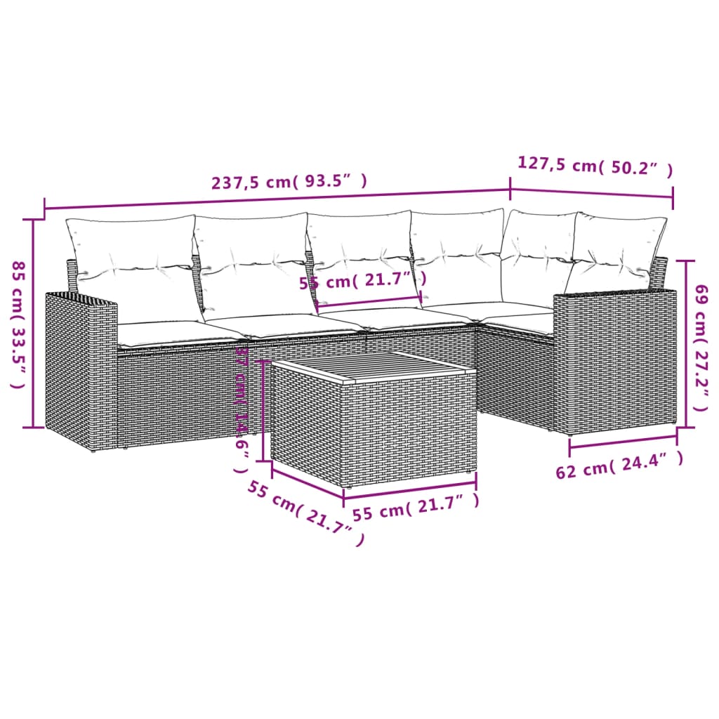 6-delige Loungeset met kussens poly rattan beige