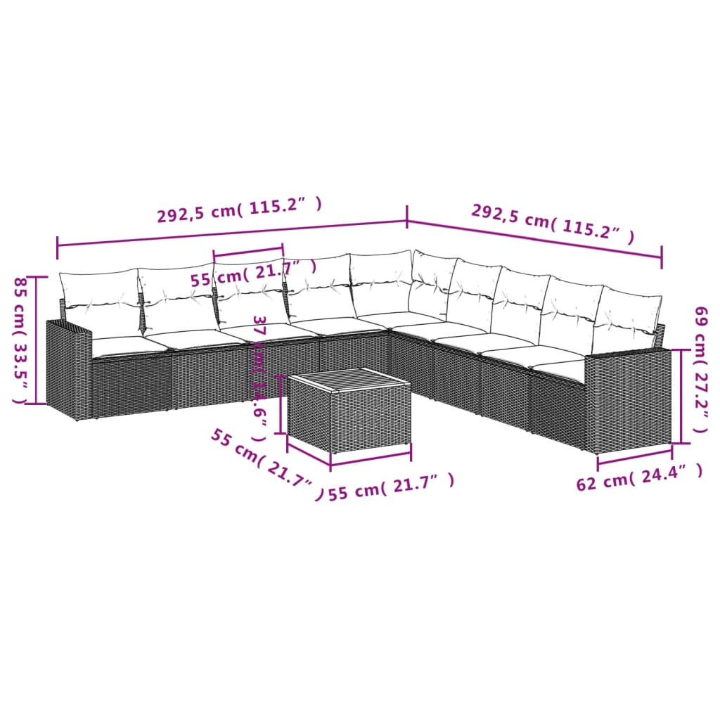 10-delige Loungeset met kussens poly rattan grijs is nu te koop bij PeponiXL, paradijselijk wonen!