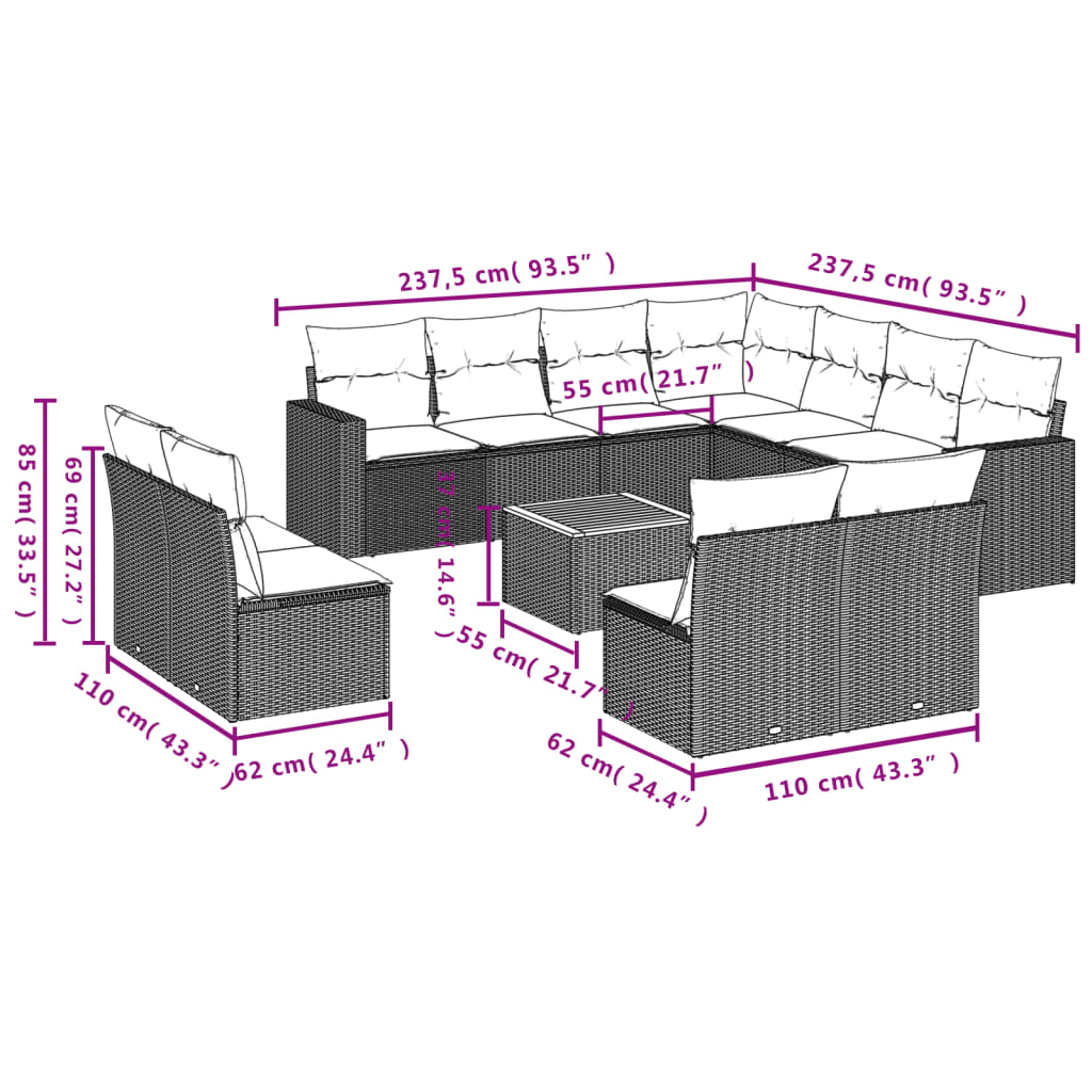 12-delige Loungeset met kussens poly rattan grijs is nu te koop bij PeponiXL, paradijselijk wonen!