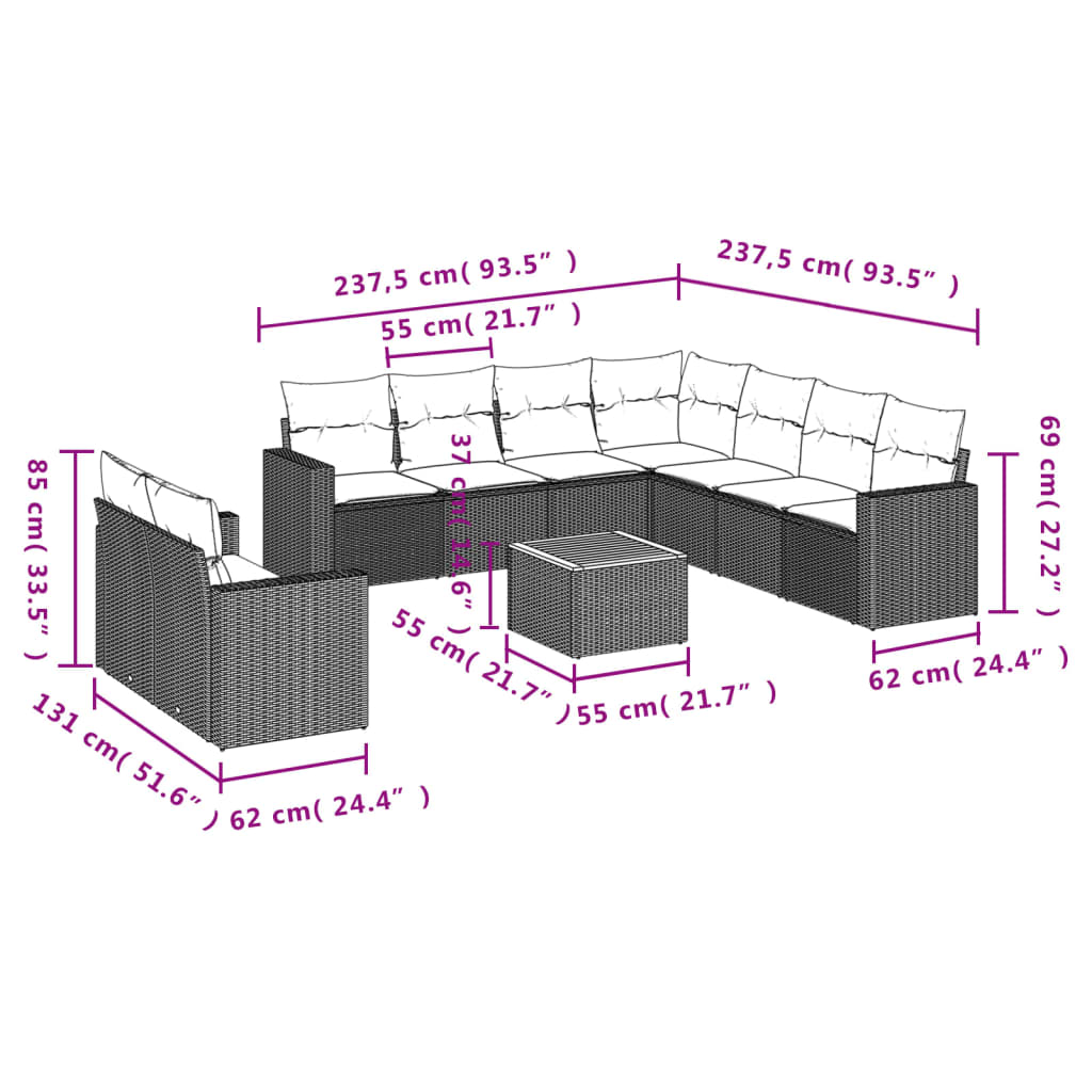 10-delige Loungeset met kussens poly rattan grijs is nu te koop bij PeponiXL, paradijselijk wonen!