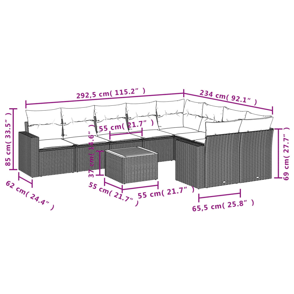 10-delige Loungeset met kussens poly rattan grijs is nu te koop bij PeponiXL, paradijselijk wonen!