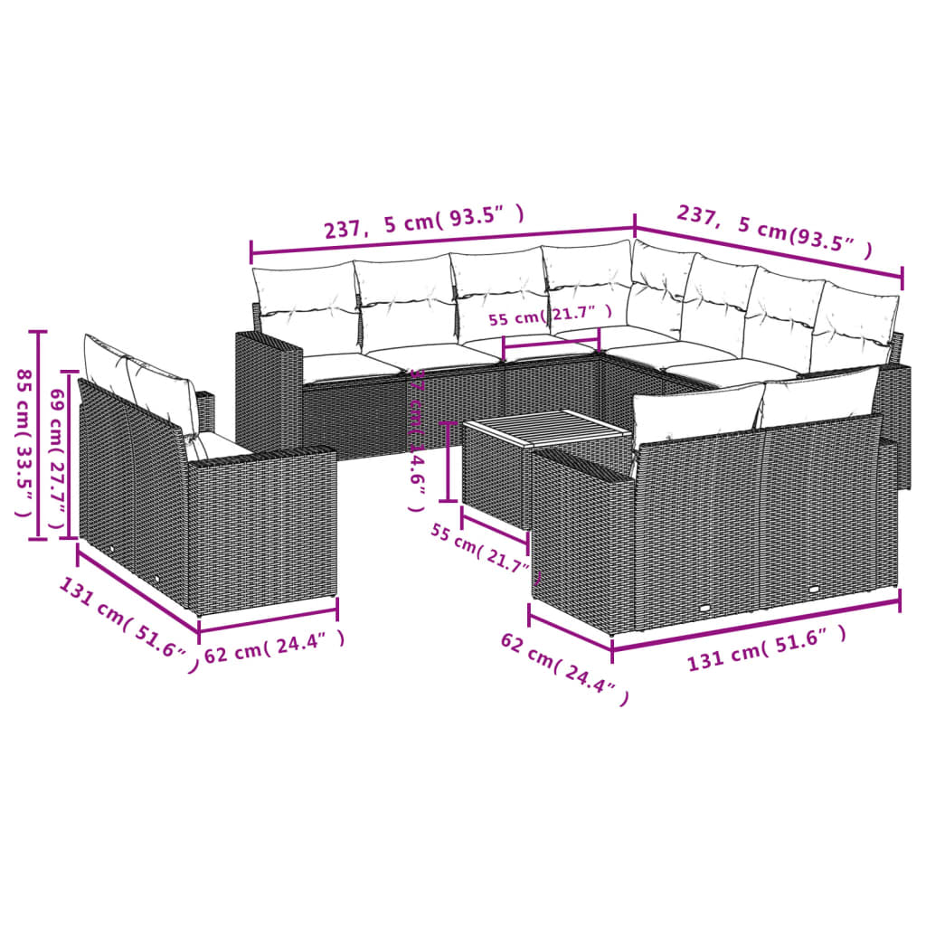 12-delige Loungeset met kussens poly rattan zwart is nu te koop bij PeponiXL, paradijselijk wonen!