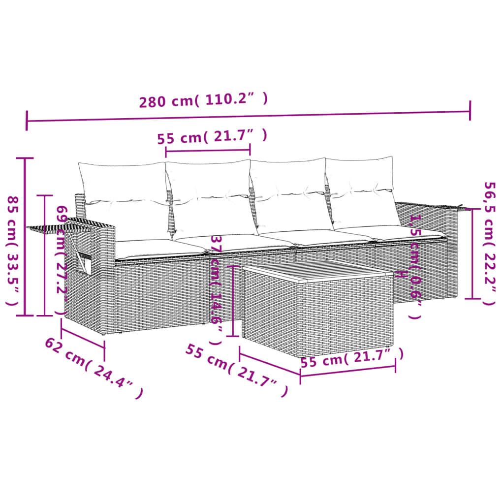 5-delige Loungeset met kussens poly rattan grijs is nu te koop bij PeponiXL, paradijselijk wonen!