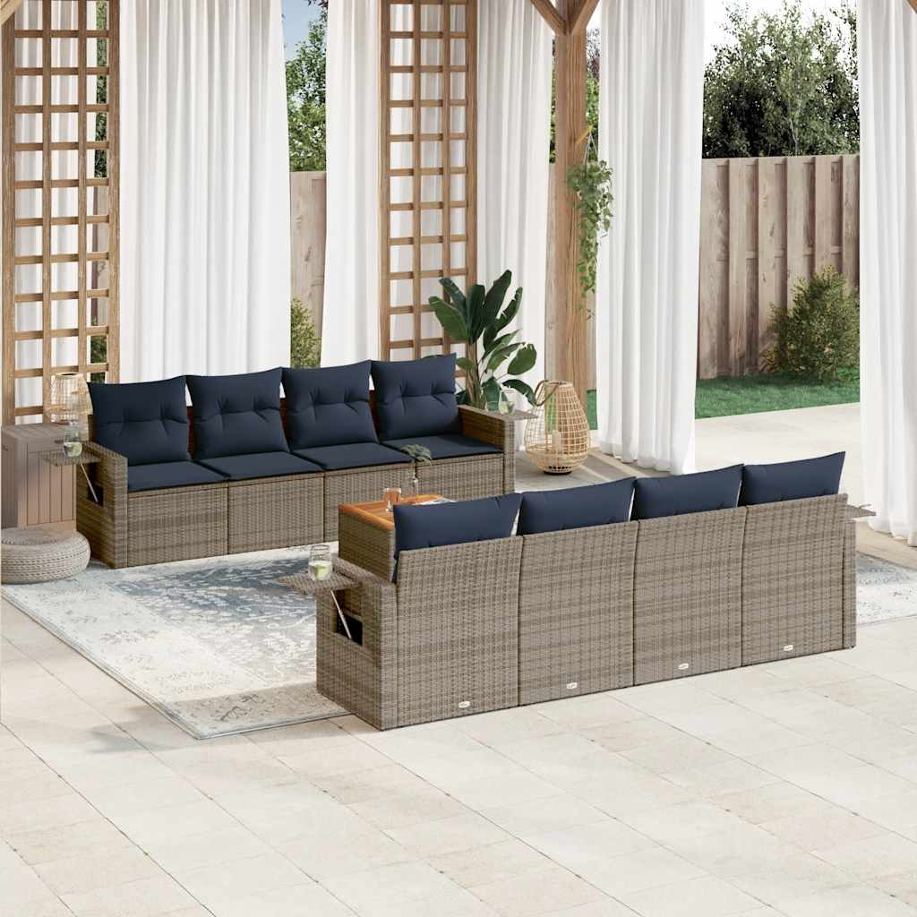9-delige tuinbankset met kussens, grijs polyrotan is nu te koop bij PeponiXL, paradijselijk wonen!