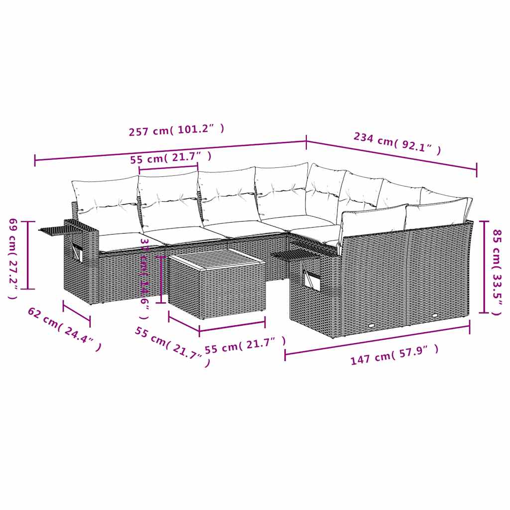 9-delige tuinbankset met kussens, grijs polyrotan is nu te koop bij PeponiXL, paradijselijk wonen!