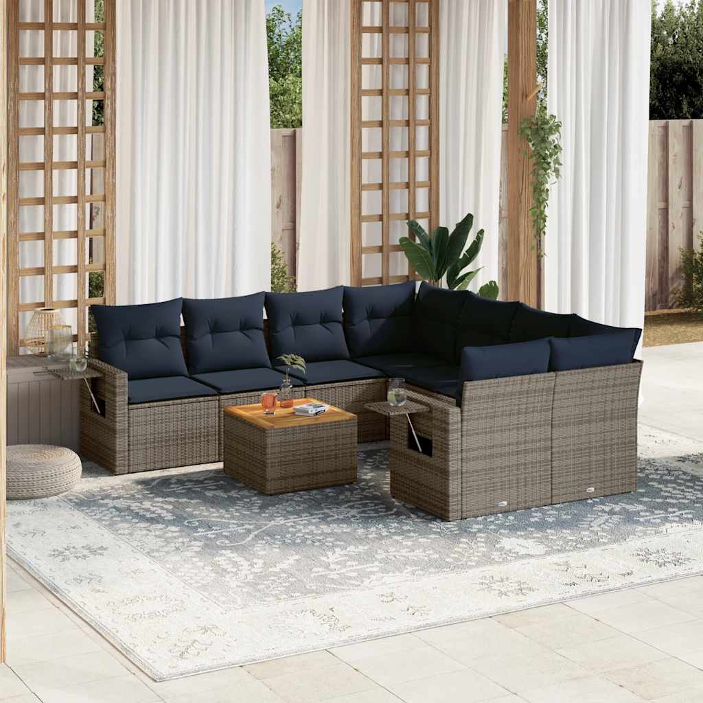 9-delige tuinbankset met kussens, grijs polyrotan is nu te koop bij PeponiXL, paradijselijk wonen!