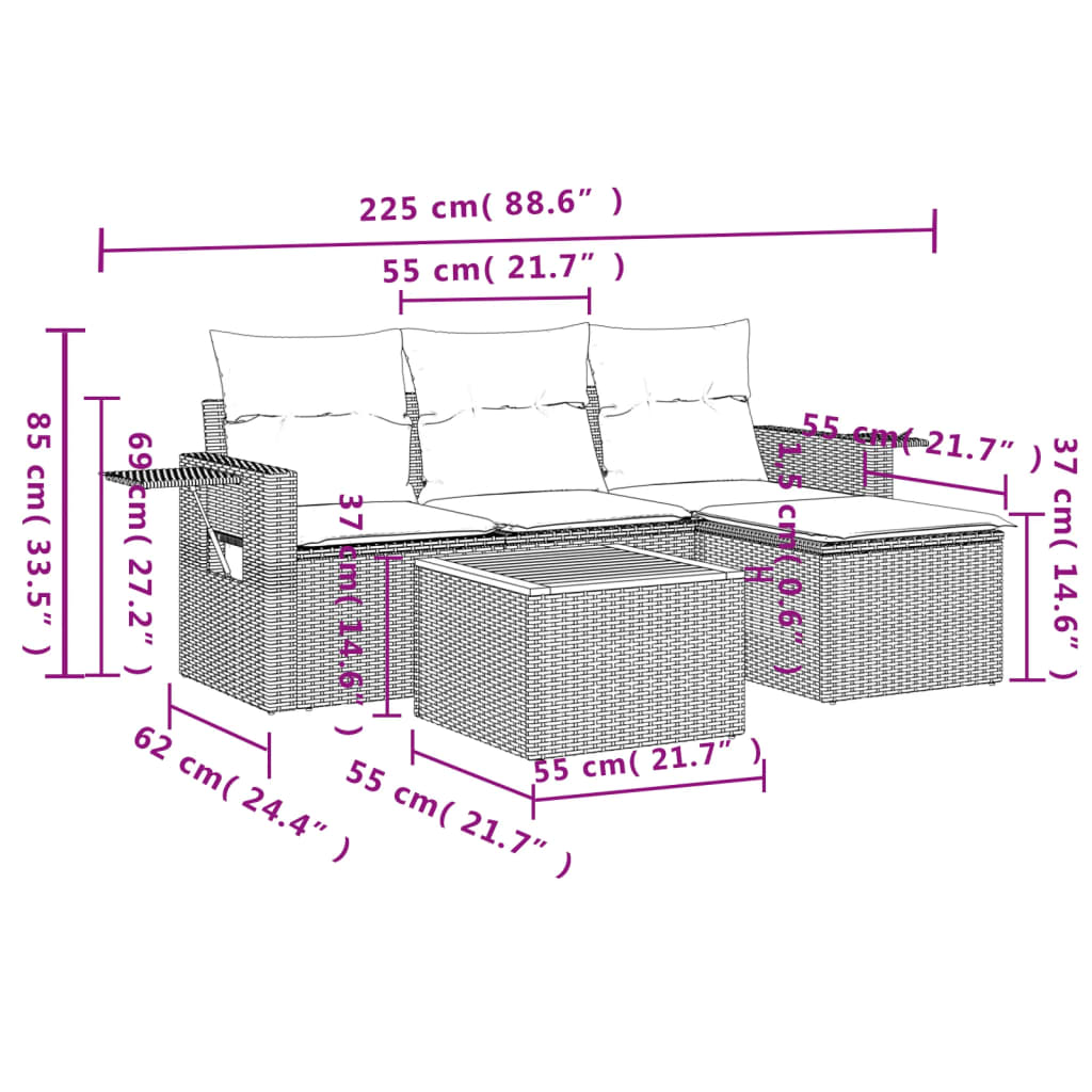 5-delige Loungeset met kussens poly rattan grijs is nu te koop bij PeponiXL, paradijselijk wonen!