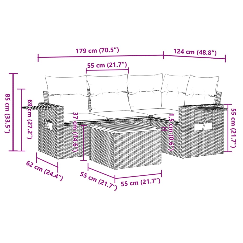 5-delige Loungeset met kussens poly rattan grijs is nu te koop bij PeponiXL, paradijselijk wonen!