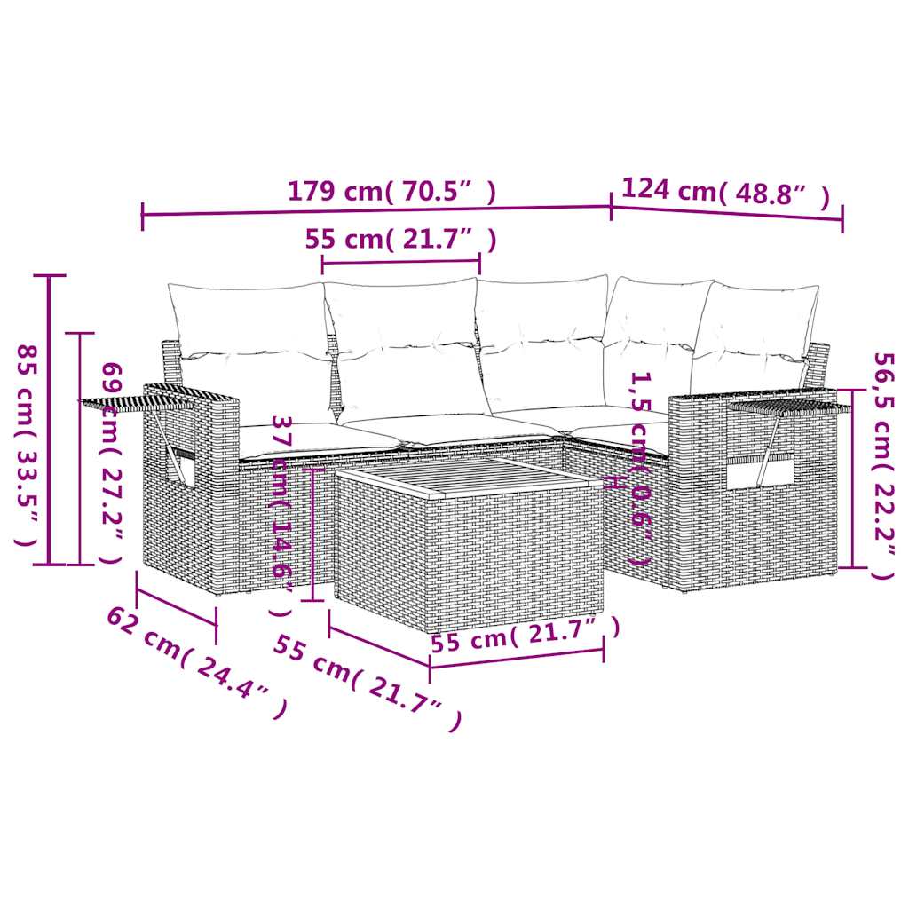 5-delige tuinbankset met kussens, grijs polyrotan is nu te koop bij PeponiXL, paradijselijk wonen!