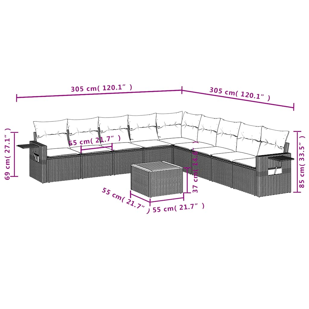 10-delige tuinbankset met kussens, grijs polyrotan is nu te koop bij PeponiXL, paradijselijk wonen!