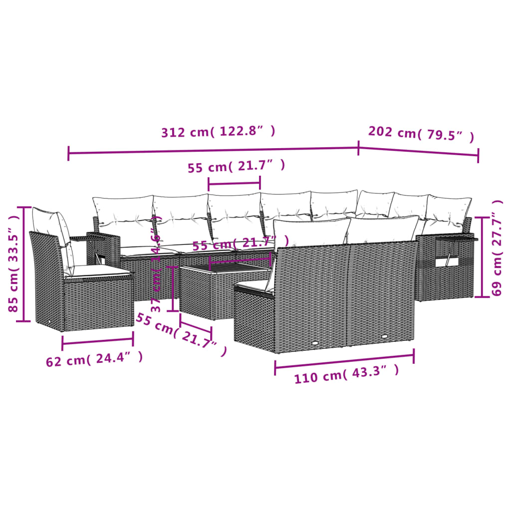 11-delige Loungeset met kussens poly rattan grijs is nu te koop bij PeponiXL, paradijselijk wonen!