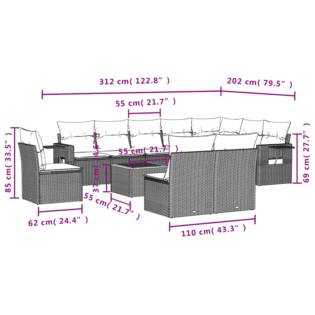 11-delige tuinbankset met kussens, grijs polyrotan is nu te koop bij PeponiXL, paradijselijk wonen!
