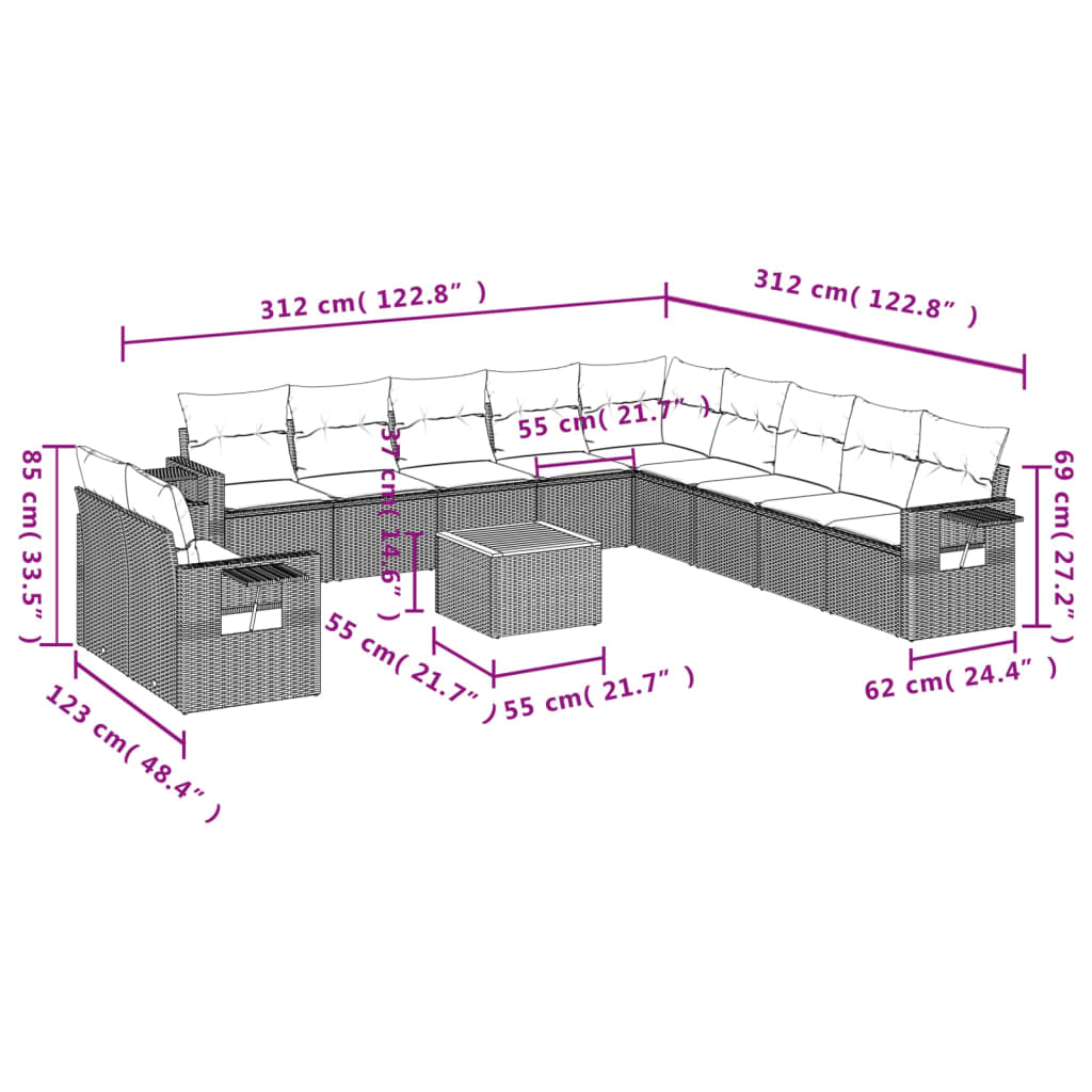 12-delige Loungeset met kussens poly rattan grijs is nu te koop bij PeponiXL, paradijselijk wonen!