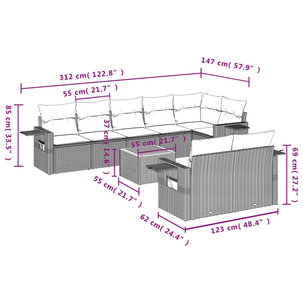 9-delige Loungeset met kussens poly rattan grijs is nu te koop bij PeponiXL, paradijselijk wonen!