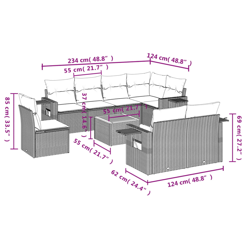 9-delige Loungeset met kussens poly rattan grijs is nu te koop bij PeponiXL, paradijselijk wonen!