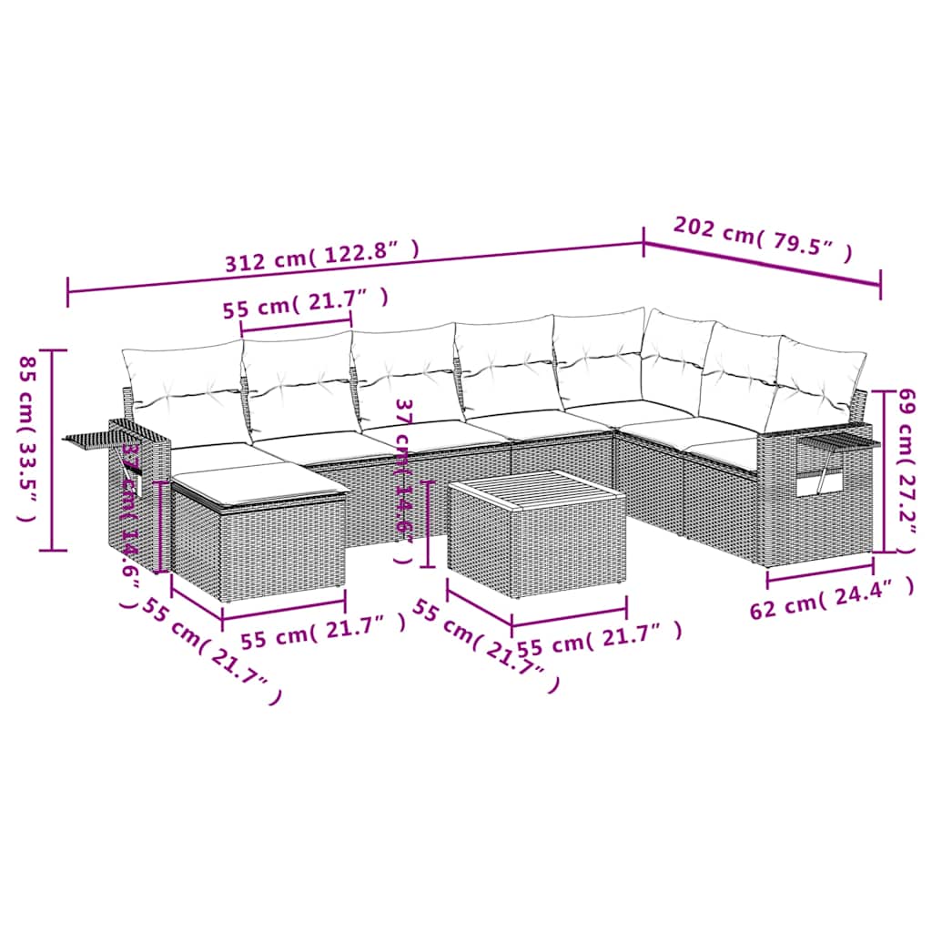 9-delige tuinbankset met kussens, grijs polyrotan is nu te koop bij PeponiXL, paradijselijk wonen!