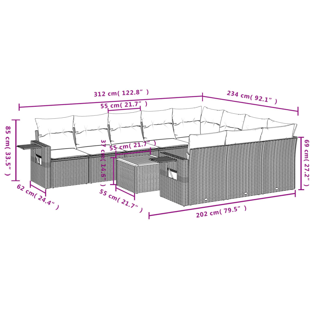 11-delige tuinbankset met kussens, grijs polyrotan is nu te koop bij PeponiXL, paradijselijk wonen!