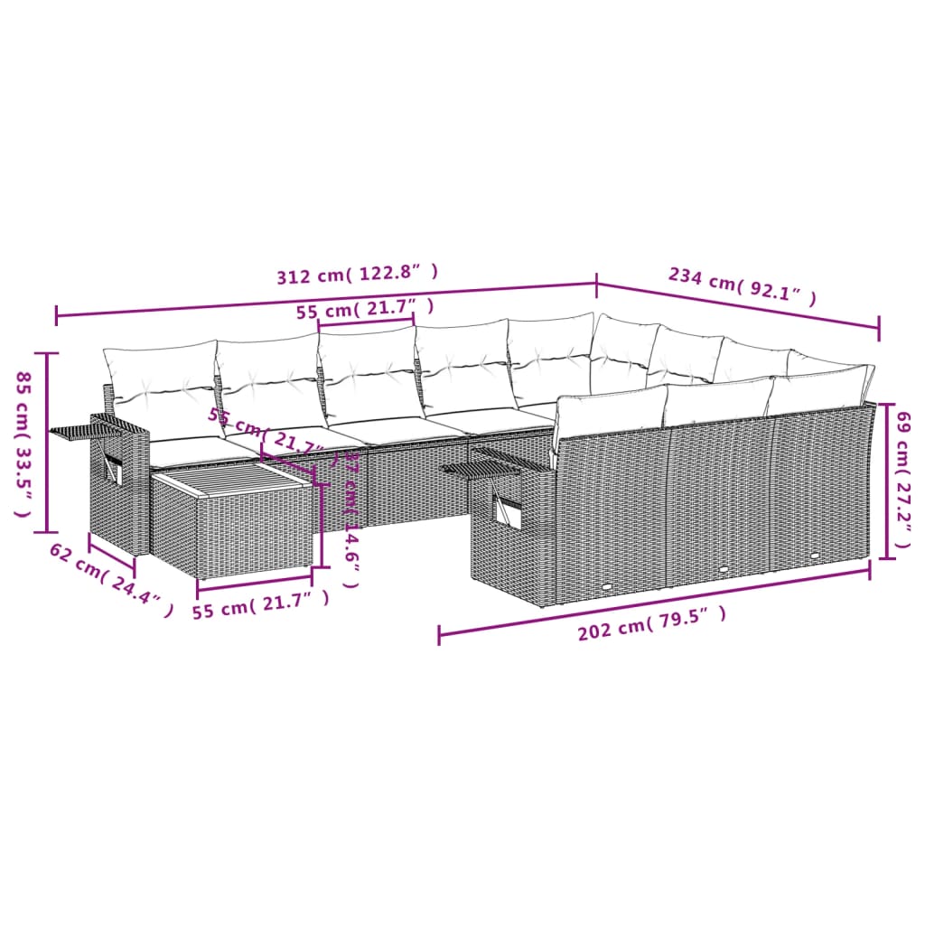 11-delige tuinbankset met kussens, zwart polyrotan is nu te koop bij PeponiXL, paradijselijk wonen!