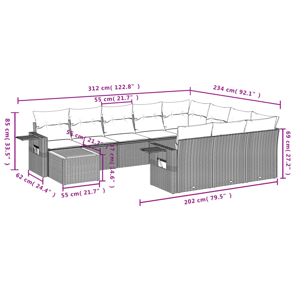 11-delige tuinbankset met kussens, grijs polyrotan is nu te koop bij PeponiXL, paradijselijk wonen!