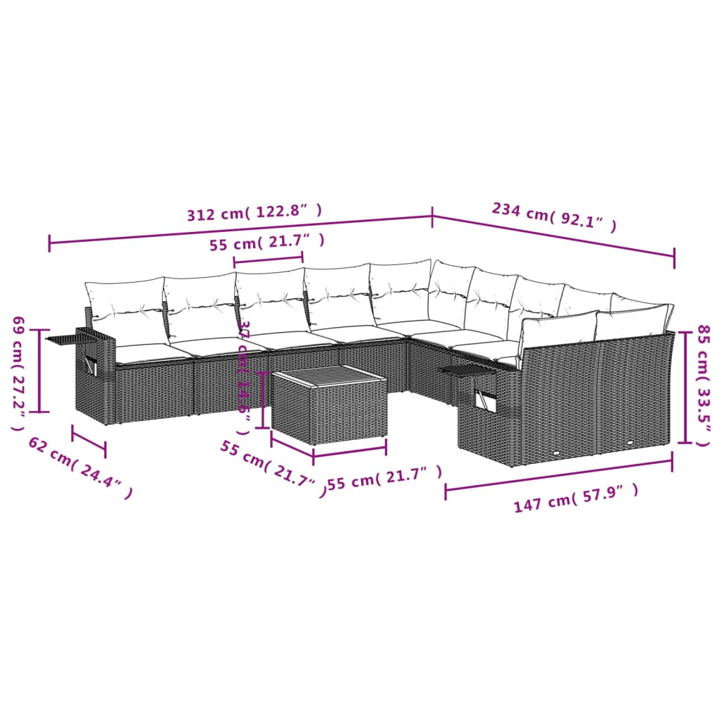 11-delige tuinbankset met kussens, zwart polyrotan is nu te koop bij PeponiXL, paradijselijk wonen!