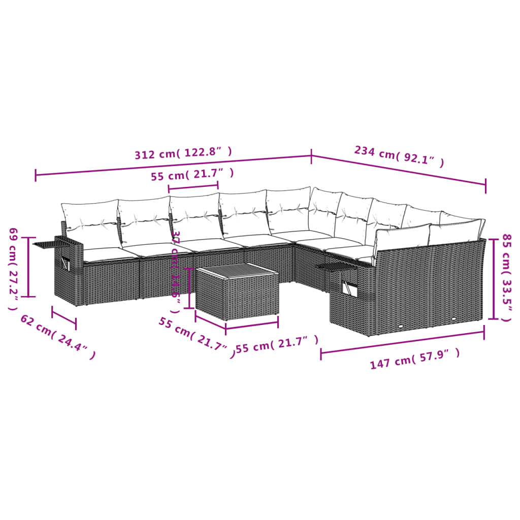 11-delige tuinbankset met kussens, grijs polyrotan is nu te koop bij PeponiXL, paradijselijk wonen!