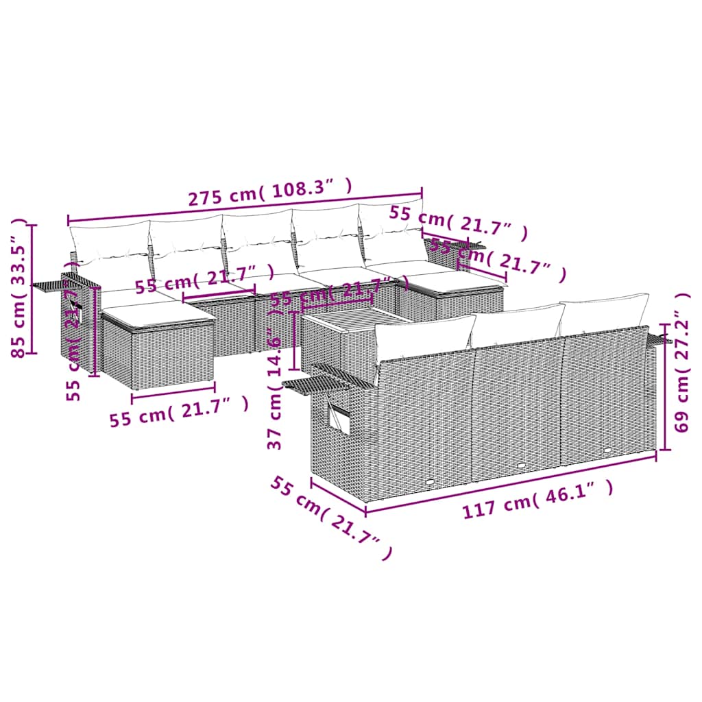 11-delige tuinbankset met kussens, zwart polyrotan is nu te koop bij PeponiXL, paradijselijk wonen!