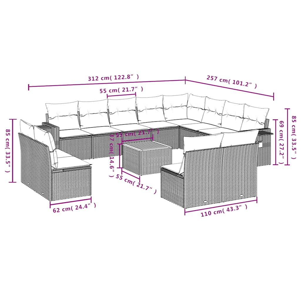 13-delige tuinbankset met kussens, grijs polyrotan is nu te koop bij PeponiXL, paradijselijk wonen!