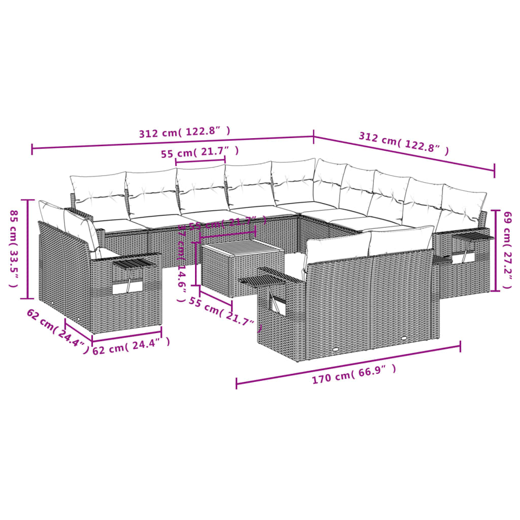 14-delige Loungeset met kussens poly rattan zwart is nu te koop bij PeponiXL, paradijselijk wonen!